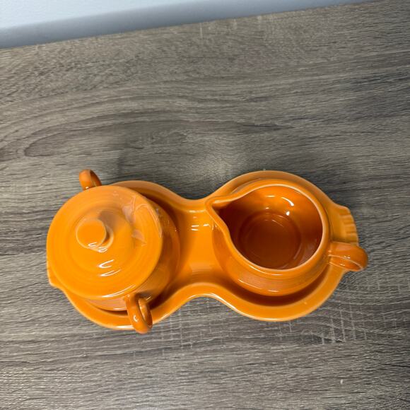 Fiesta Tangerine Sugar Bowl and Creamer Set with Tray Homer Laughlin RETIRED - Picture 2 of 6